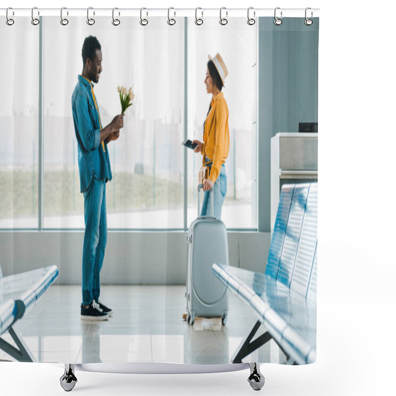 Personality  Side View Of Shy African American Man Holding Bouquet Of Tulips While Happy Girlfriend Walking Towards With Suitcase In Airport Shower Curtains