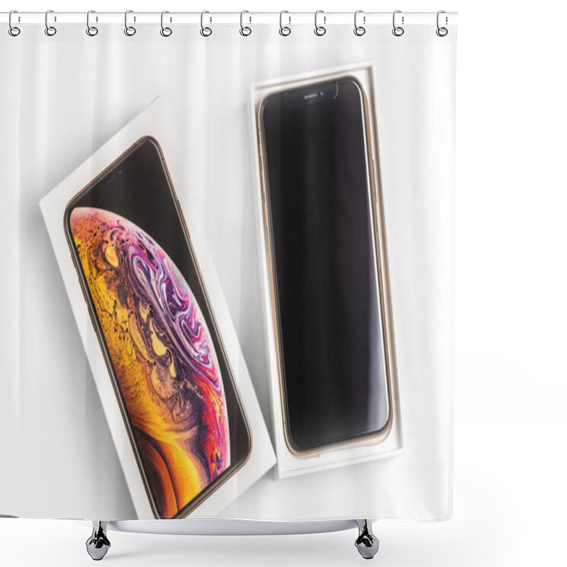 Personality  12th October,2018-Kiev,Ukraine: Latest Iphone XS In Unopened Box On White Table. Newest Apple Smatrtphone On White Branded Box In Mobile Store. Modern Gadget With Dual Camera And OLED Screen For Sale. Shower Curtains