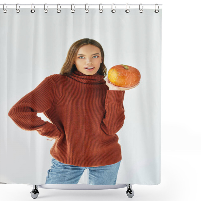 Personality  A Young Woman In A Warm Sweater Showcases A Pumpkin, Embracing The Halloween Spirit. Shower Curtains