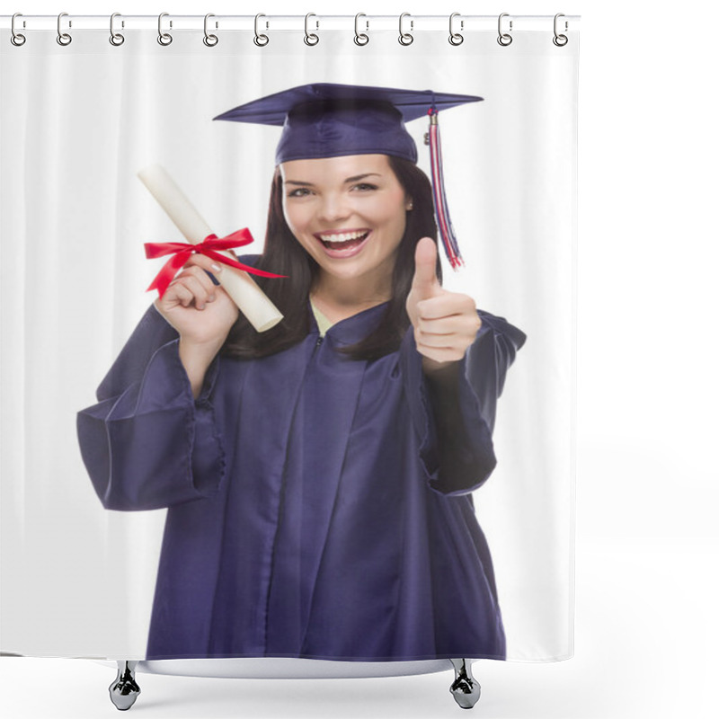 Personality  Mixed Race Graduate In Cap And Gown Holding Her Diploma Shower Curtains