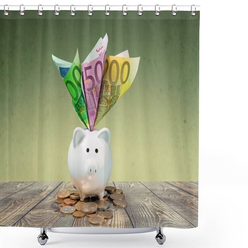 Personality  Piggy Bank And Coins And Money Shower Curtains