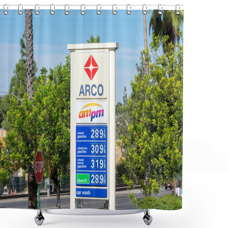 Personality  ARCO Ampm Sign And Logo Advertises Gas Station, Gasoline And Diesel Price, And A Convenience Chain Store - San Diego, California, USA - 2020 Shower Curtains