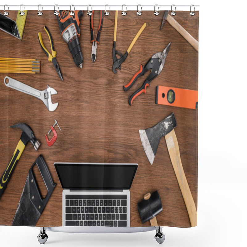 Personality  Top View Of Laptop With Blank Screen Surrounded By Arranged Various Tools On Wooden Table  Shower Curtains