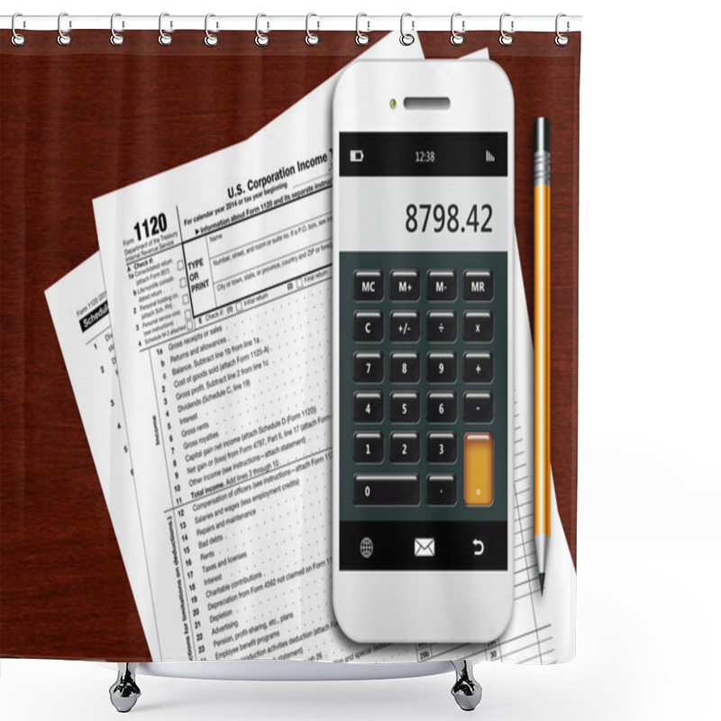 Personality  Tax Form 1120 With Phone Calculator And Pencil On Wooden Table Shower Curtains