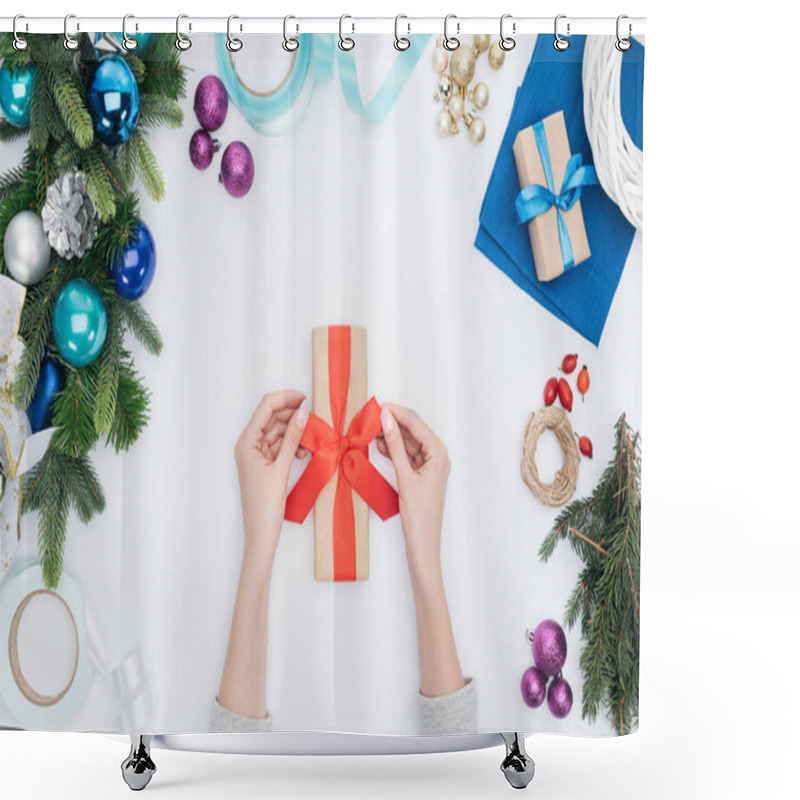 Personality  Cropped Shot Of Woman Holding Wrapped Christmas Present With Red Ribbon Isolated On White Shower Curtains