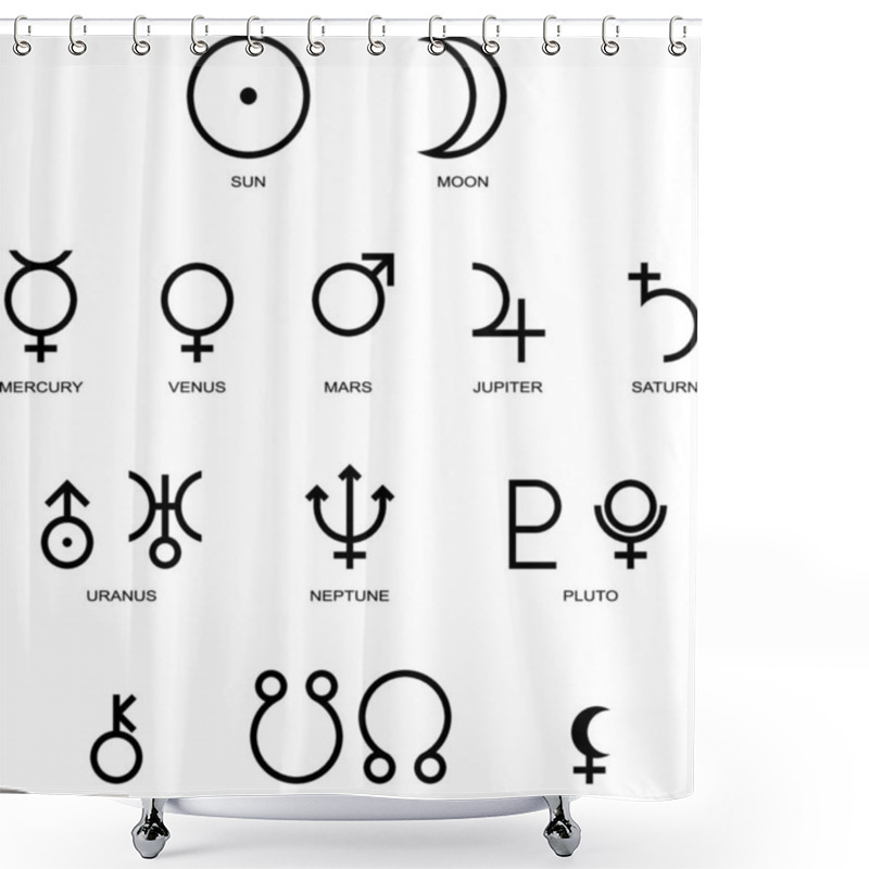 Personality  Illustration Of The Main Planet Symbols Of Astrology Isolated And On White Background. Shower Curtains