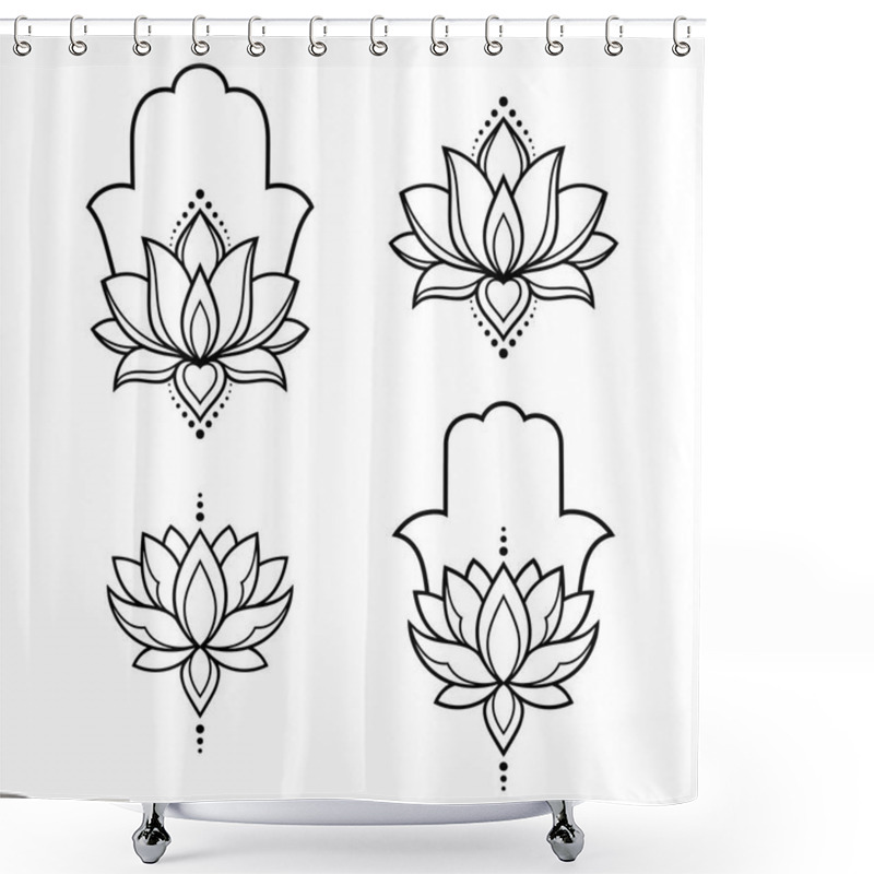 Personality  Set Of Hamsa Hand Drawn Symbol With Lotus Flower. Decorative Pattern In Oriental Style For Interior Decoration And Henna Drawings. The Ancient Sign Of 