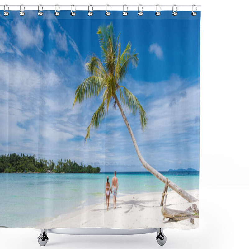 Personality  Tropical Beach With Palm Trees At The Island Of Koh Kood Thailand. Hanging Palm Trees On The White Tropical Beach With Blue Ocean Couple Men And Women On Vacation In Thailand Shower Curtains