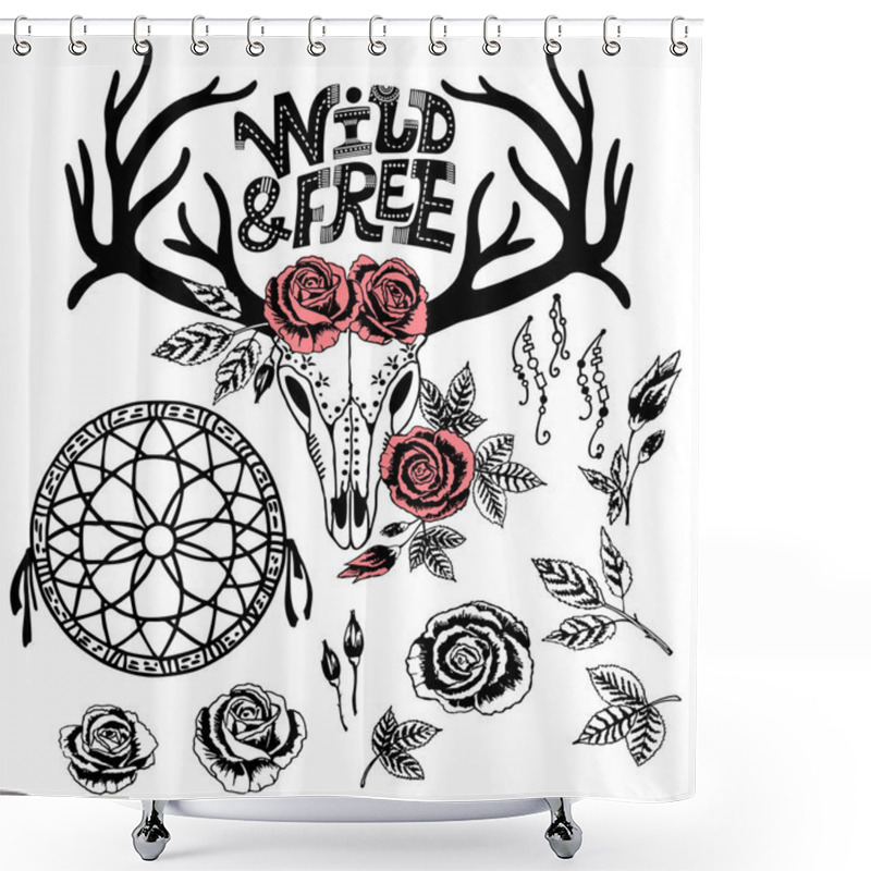 Personality  Set Of Tribal Design Elements. Hand Drawn Ethnic Collection With Arrows, Feathers, Deer Skull, Floral Elements For Design. Vector Set With Tribal, Indian, Aztec, Hipster, Boho Elements. Shower Curtains