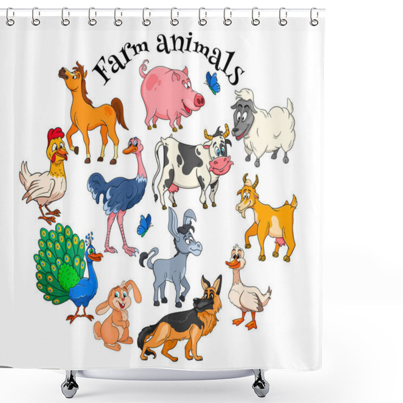 Personality  Farm Animals Characters Big Set Of Cartoon Rural Animals. Horse, Pig, Duck, Chicken, Hare, Ostrich, Cow, Goat, Peacock, Donkey, Sheep, Dog. Children's Illustration. For Decoration And Design. Shower Curtains