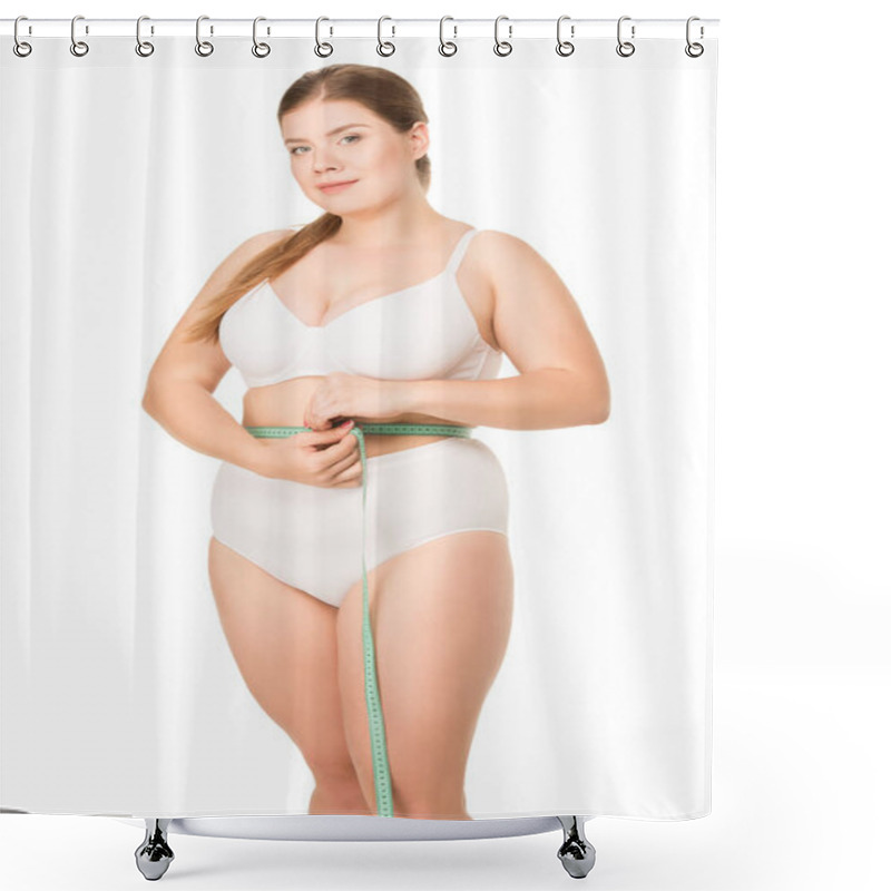 Personality  Overweight Woman Measuring Waist Shower Curtains