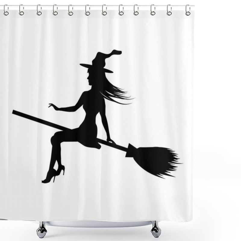 Personality  Silhouette Young Witch Flying To Broom Isolated On White Background. Vector Illustration. Shower Curtains