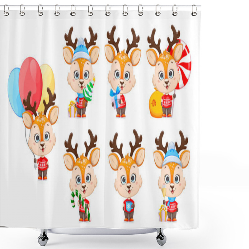 Personality  Cute Baby Deer. Cheerful Little Reindeer Cartoon Character, Set Of Seven Poses. Merry Christmas And Happy New Year. Stock Vector Illustration On White Background Shower Curtains