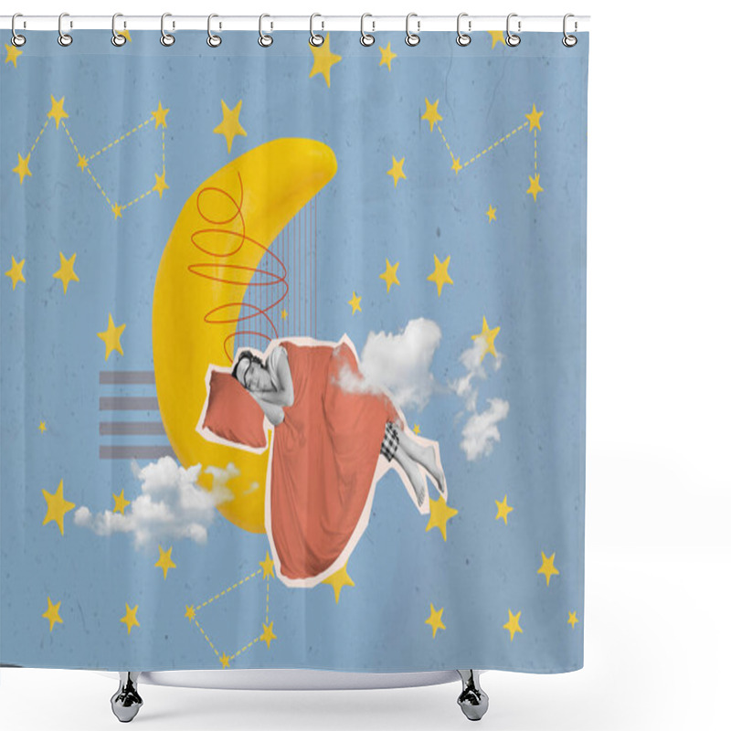 Personality  3d Collage Illustration Artwork Of Young Happy Smiling Girl Fall Asleep Moon Wrapped In Comfy Warm Blanket Isolated On Stars Sky Background. Shower Curtains