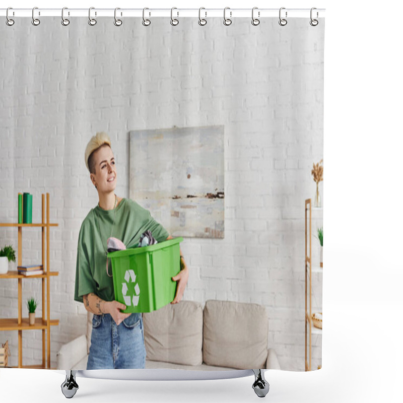 Personality  Cheerful Tattooed Woman Holding Clothing In Plastic Box With Recycling Sign In Modern Living Room With Green Plants On Racks, Sustainable Living And Environmentally Friendly Habits Concept Shower Curtains