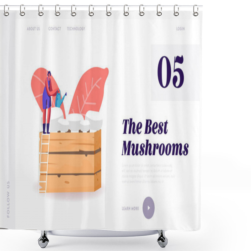 Personality  Homemade Fungiculture, Homemade Mushrooms Hobby Landing Page Template. Tiny Female Character Stand On Ladder Watering Champignons Growing In Wooden Box Gardening, Industry. Cartoon Vector Illustration Shower Curtains