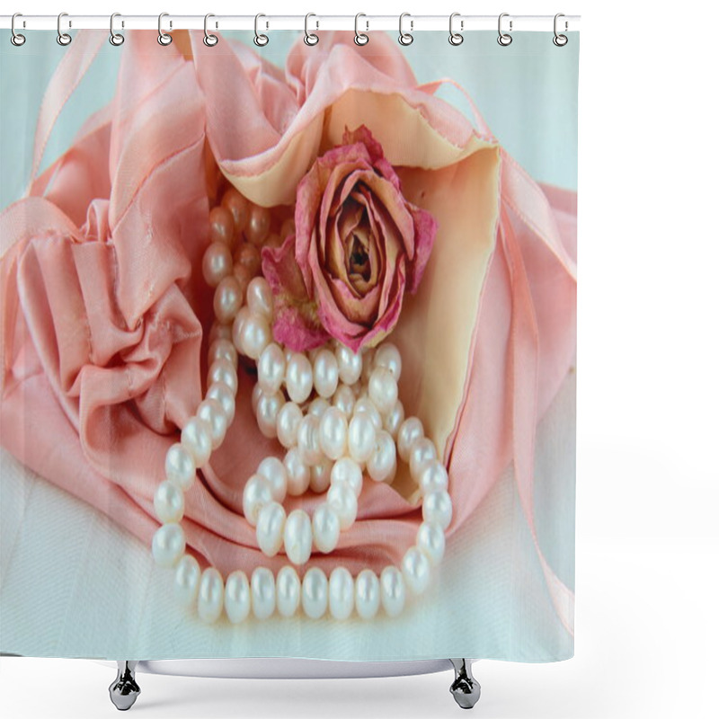 Personality  White Pearls In A Pink Bag With A Rose Romantic Concept Shower Curtains