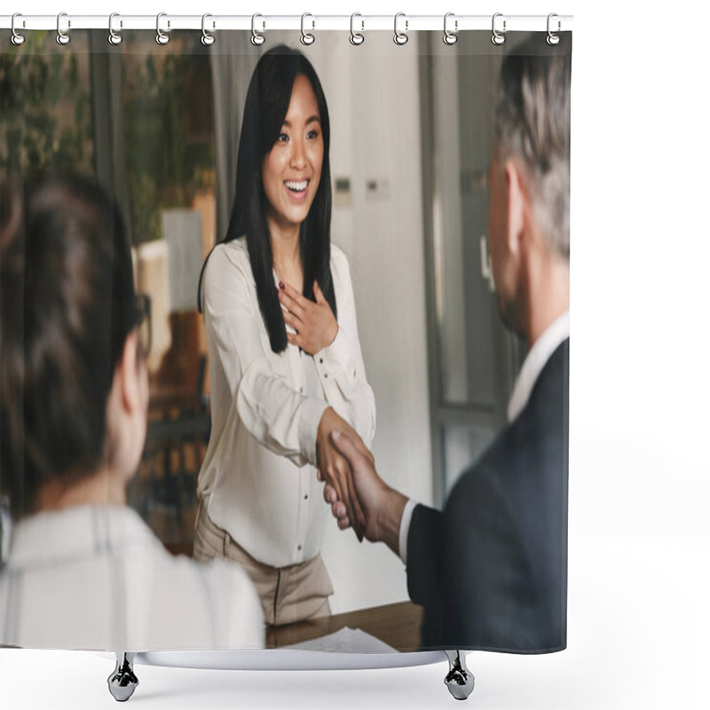 Personality  Business, Career And Placement Concept - Two Business Partners In Office Shaking Hand Of Young Asian Woman After Successful Negotiations Or Interview Shower Curtains