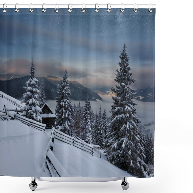 Personality  Winter Landscape. Mountain Village In The Ukrainian Carpathians. Vibrant Night Sky With Stars And Nebula And Galaxy. Deep Sky Astrophoto. Shower Curtains