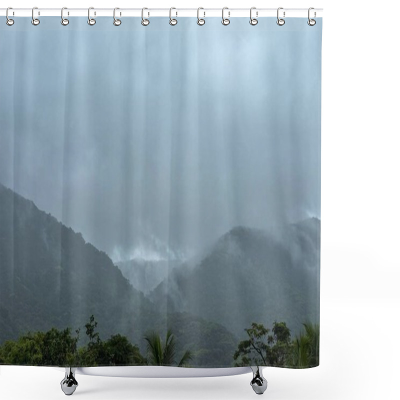 Personality  Panoramic View Of A Lush Green Mountain Range Covered In Mist And Low Clouds, Creating A Serene And Tranquil Atmosphere. The Misty Texture Enhances The Natural Beauty Of The Forest Landscape. Shower Curtains