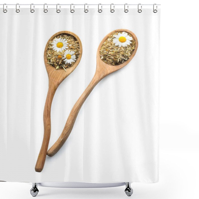 Personality  Spoons With Dried Camomile On White Background Shower Curtains