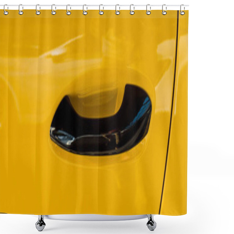 Personality  KYIV, UKRAINE - OCTOBER 7, 2019: Panoramic Shot Of Car Handle In Luxury Yellow Porshe  Shower Curtains