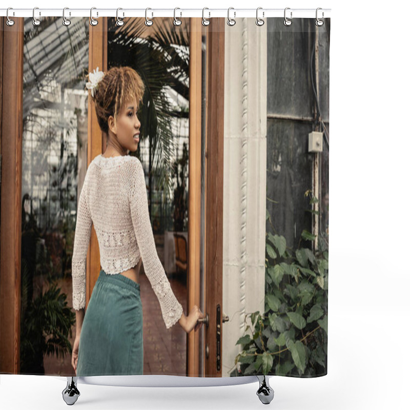 Personality  Cheerful Young African American Woman In Summer Outfit Looking Away While Standing Near Door Of Indoor Garden At Background, Stylish Lady Surrounded By Exotic Tropical Foliage Shower Curtains