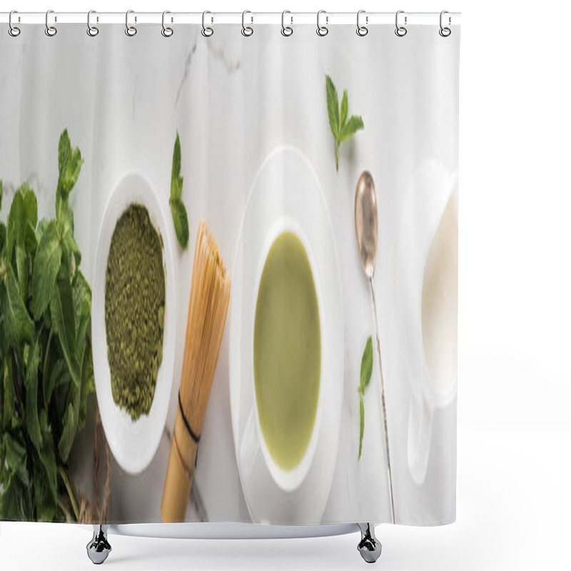 Personality  Flat Lay With Green Matcha Tea, Mint And Milk On White Table Shower Curtains