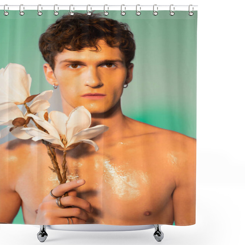 Personality  Portrait Of Shirtless Man With Oil On Skin Holding Magnolia Branch On Green Background Shower Curtains