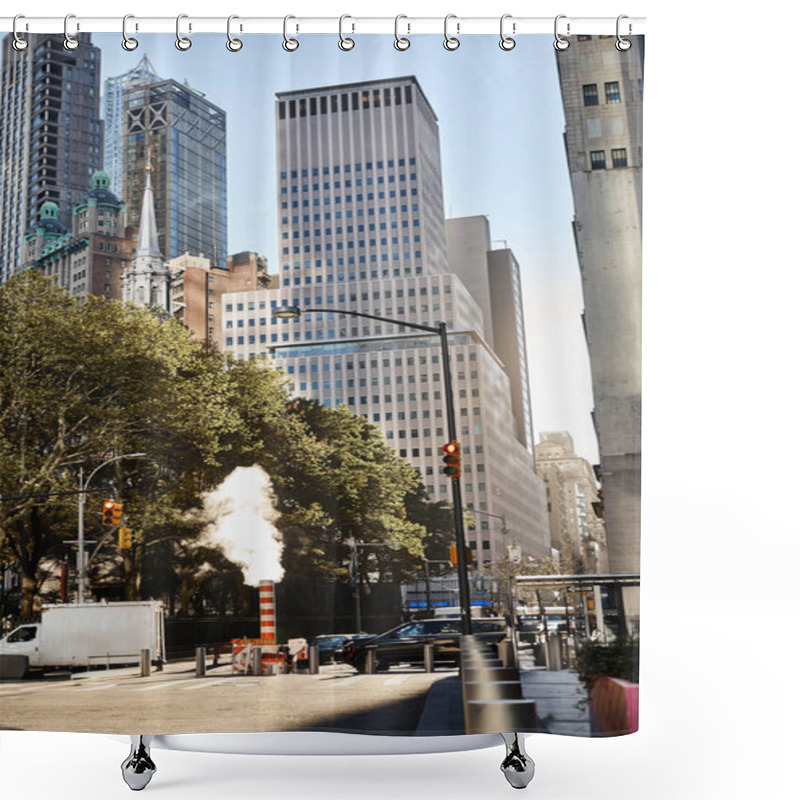 Personality  A Bustling Street In New York City With A Plume Of Steam Rising From The Sidewalk. Shower Curtains