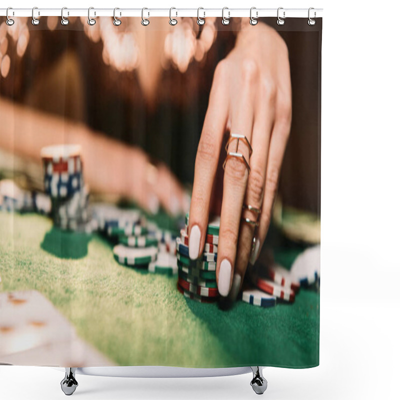 Personality  Cropped Image Of Girl Playing Poker And Taking Chips At Table In Casino Shower Curtains