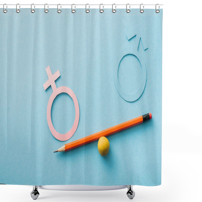 Personality  Small Ball And Pencil With Different Genders Isolated On Blue, Sexual Equality Concept  Shower Curtains