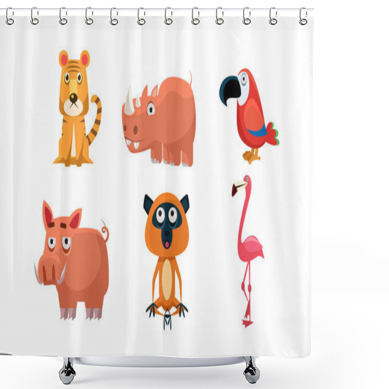 Personality  Cute Wild African Animals Set, Tiger, Rhino, Parrot, Boar, Flamingo, Lemur Vector Illustration On A White Background Shower Curtains