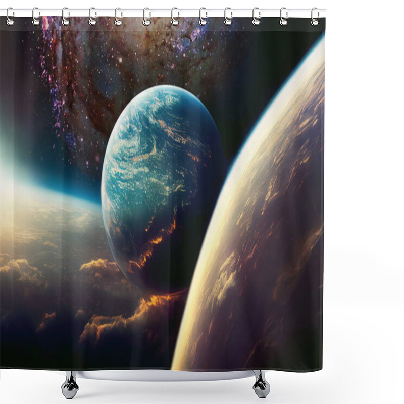 Personality  Cosmic Space And Planet, Digital Art Shower Curtains