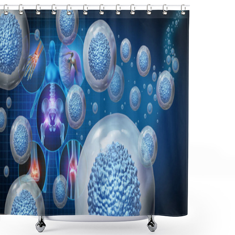 Personality  Stem Cell Therapy And Treatment For Painful Joints As Multicellular Organisms For Cellular Treatment Of Injury Or Arthritis Illness Due To Aging Or Sports And Work With 3D Illustration Elements. Shower Curtains