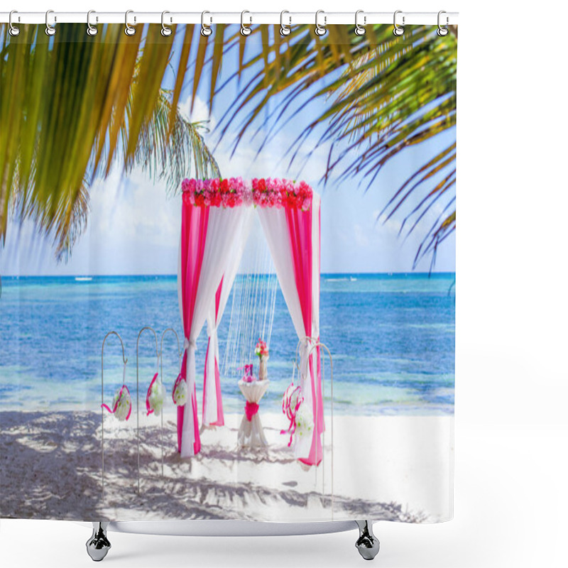 Personality  Colorful Wedding Arch Gazebo Pavilion Made Of Bamboo And Textile With Fresh Flowers Decoration At Sandy Beach On Sunny Day For Destination Wedding Ceremony In Dominican Republic   Shower Curtains