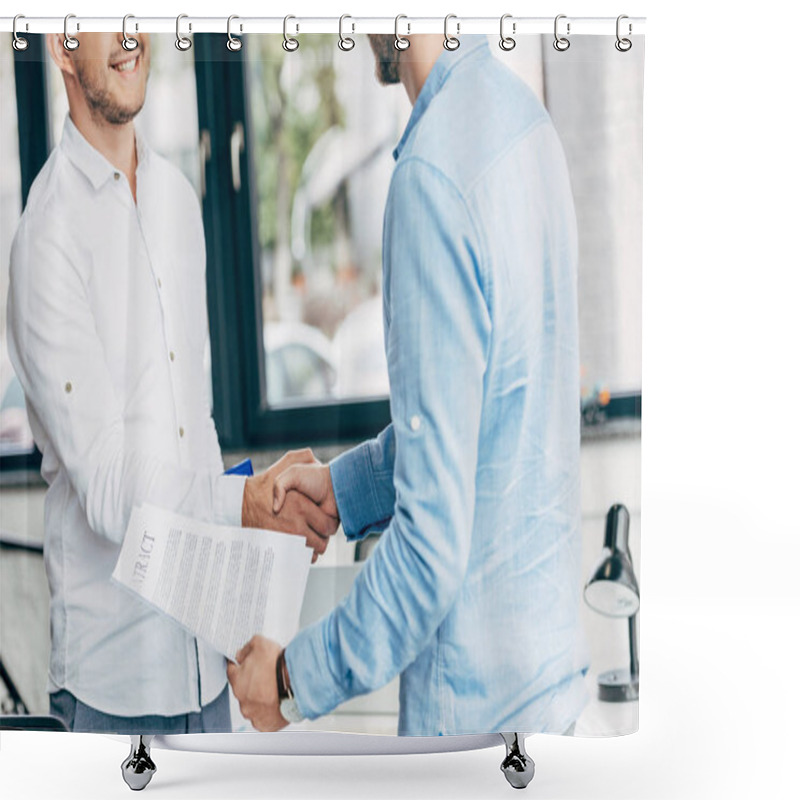 Personality  Cropped Shot Of Smiling Businessmen Holding Contract And Shaking Hands In Office Shower Curtains