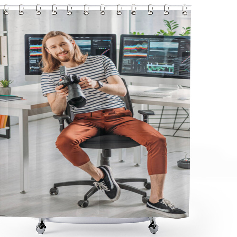 Personality  Happy And Bearded Art Editor Holding Digital Camera  Shower Curtains