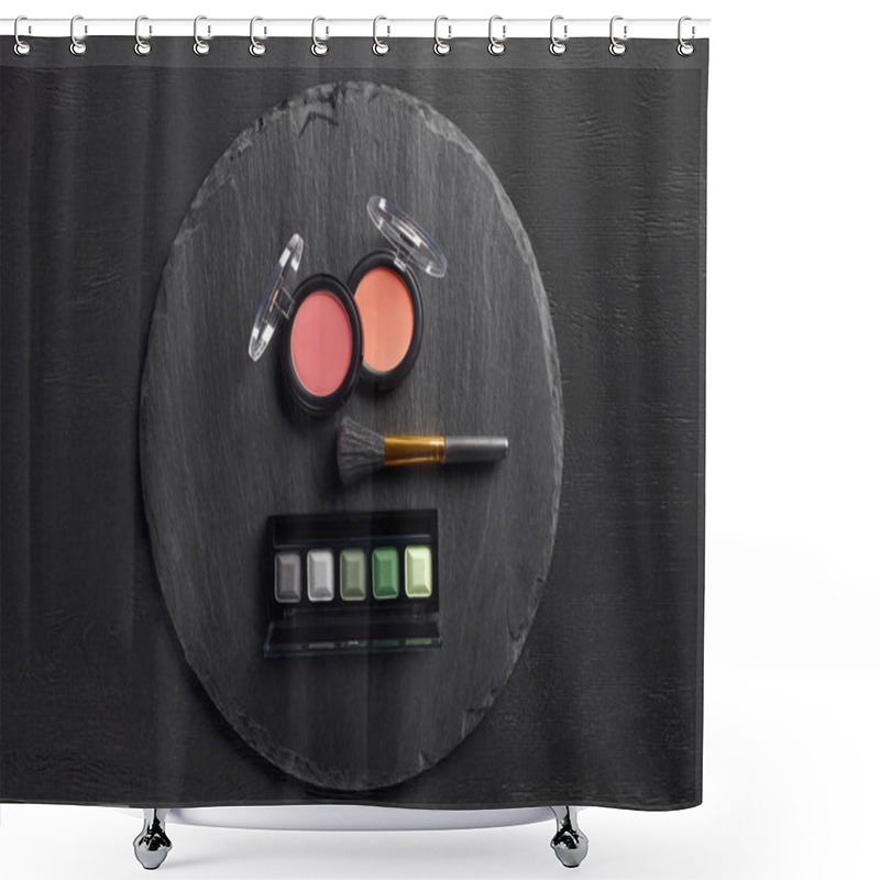 Personality  Blush And Eye Shadows With Brush On Round Slate Background Shower Curtains