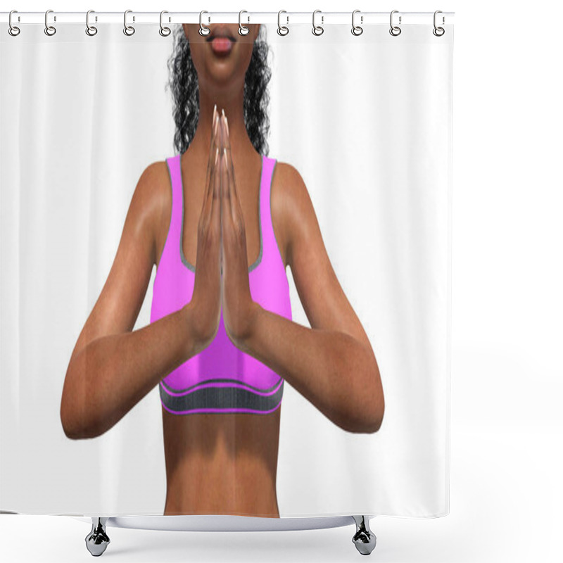 Personality  Slim African Woman Hands In Namaste Close Up On White Background Shower Curtains