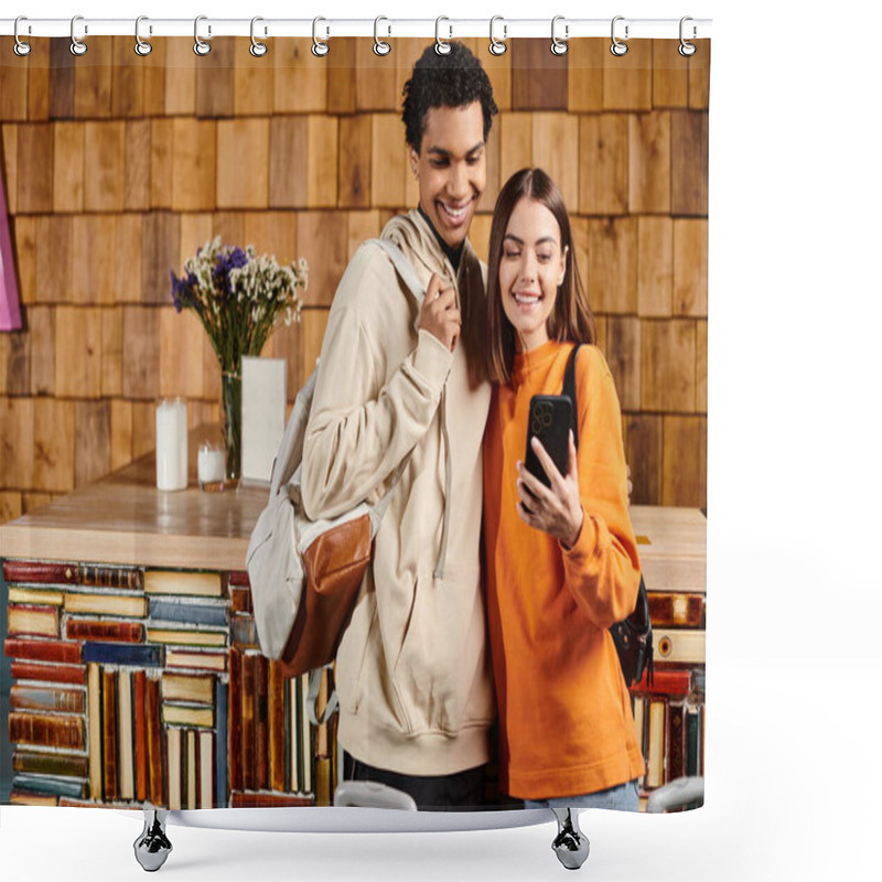 Personality  Diverse Happy Couple Sharing Moment Of Joy As They Looking At Smartphone In Hostel, Travel Shower Curtains