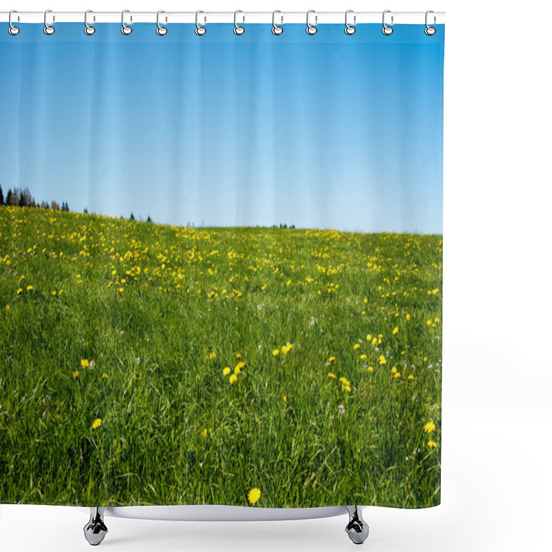 Personality  Panoramic View Of Beautiful Landscape In The Alps With Fresh Green Meadows And Blooming Flowers And Snow-capped Mountain Tops In The Background On A Sunny Day With Blue Sky And Clouds In Springtime Shower Curtains