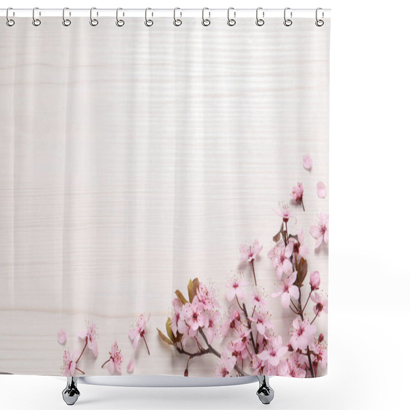 Personality  Beautiful Spring Tree Blossoms As Border On White Wooden Table, Flat Lay. Space For Text Shower Curtains