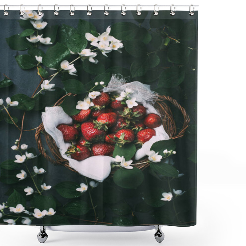 Personality  Top View Of Beautiful Jasmine Flowers And Sweet Ripe Strawberries In Basket Shower Curtains