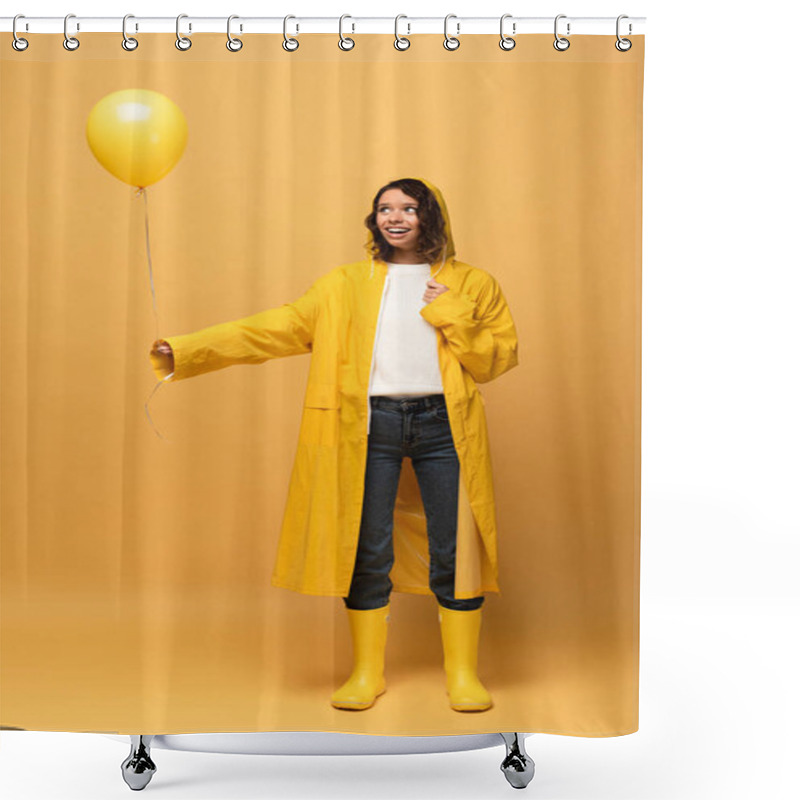 Personality  Happy Curly Woman In Yellow Raincoat And Wellies Holding Balloon On Yellow Background Shower Curtains