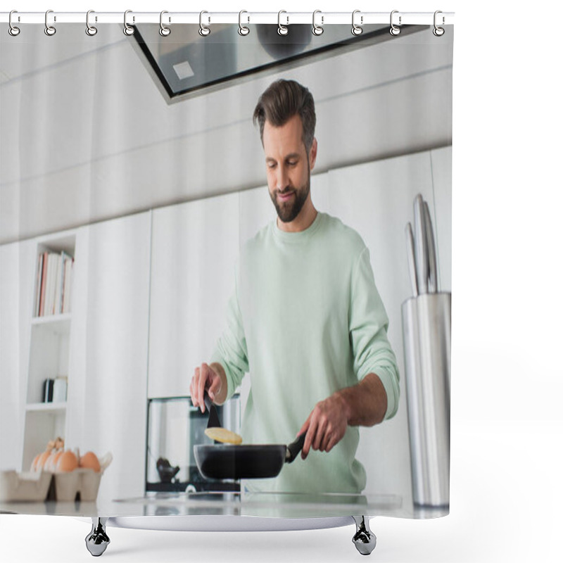 Personality  Pleased Man Preparing Pancakes For Breakfast In Kitchen Shower Curtains