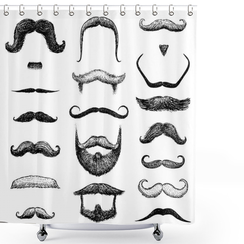 Personality  Set Of Mustache And Funny Beard Of Men, Hipster And Retro Barber Or Hairdresser On Transparent Background. Engraved Hand Drawn In Old Sketch, Vintage Style For Packaging And Signage. Shower Curtains