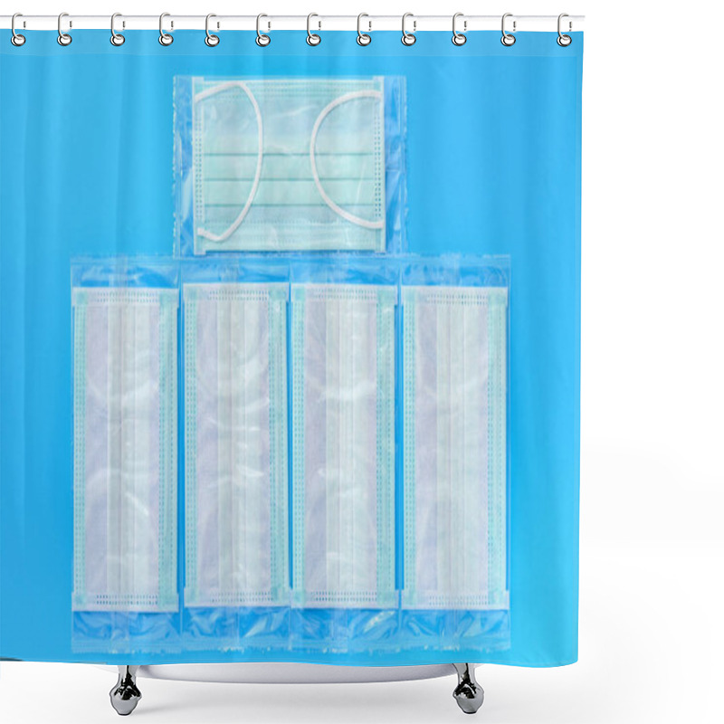 Personality  Brand New Disposable Medical Face Masks On Blue Background Shower Curtains