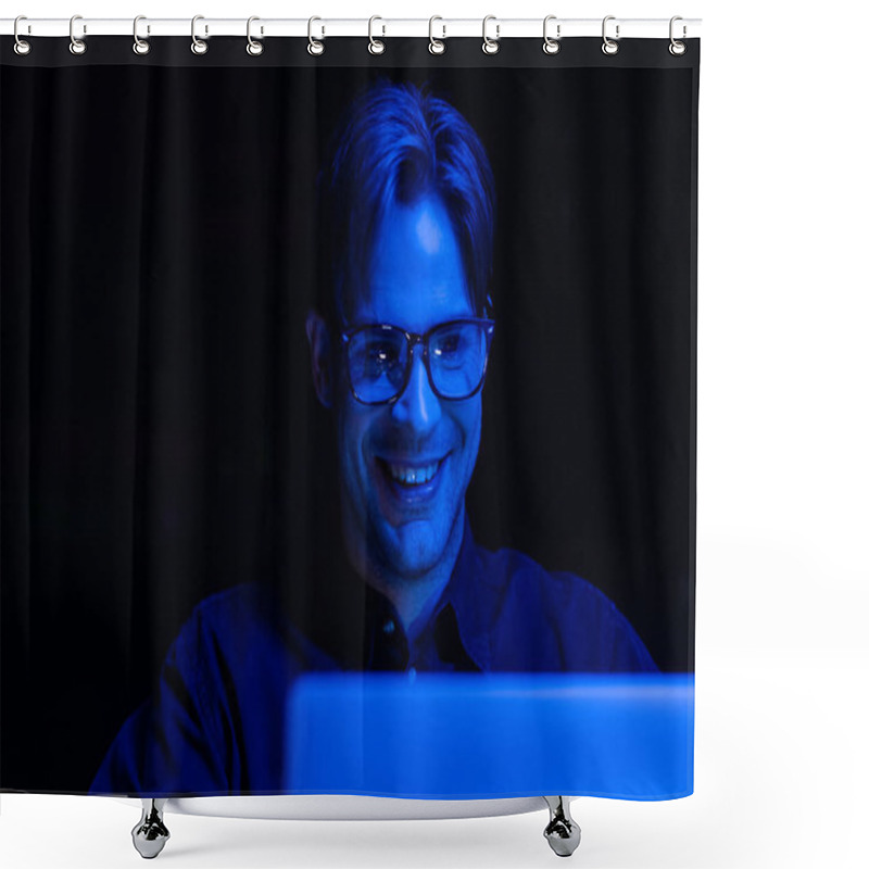 Personality  Smiling Developer In Eyeglasses Looking At Blurred Computer Monitor In Office Isolated On Black  Shower Curtains