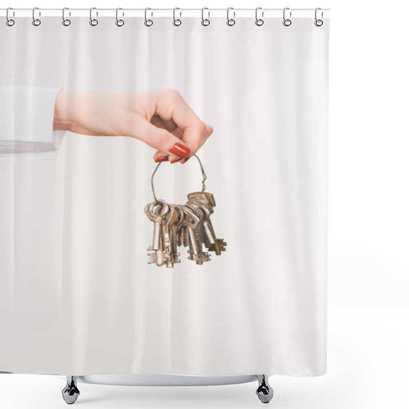 Personality  Cropped Image Of Female Hand Holding Keys Isolated On White Shower Curtains